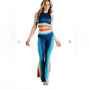 Yoga Democracy S Retro Rainbow Flare Bell Bottom Leggings Pants Floral Blue Red